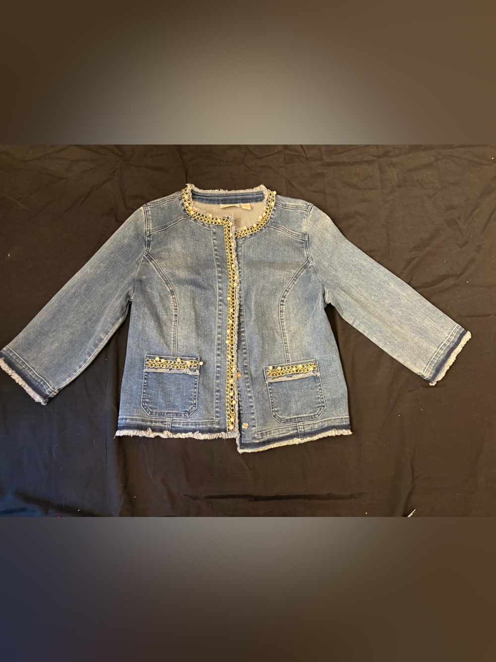 Chico's Light Blue Denim Jacket with Gold Chain Detail - Picture 2 of 7